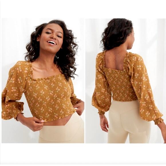 Aerie Floral Smocked Crop Top Peasant Prairie Cottagecore Boho Brown Womens XS - Picture 1 of 10